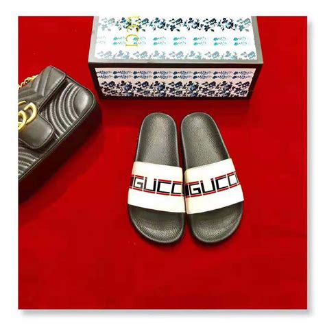 gucci logo stripe slider sandals|Gucci rubber sandals sale.